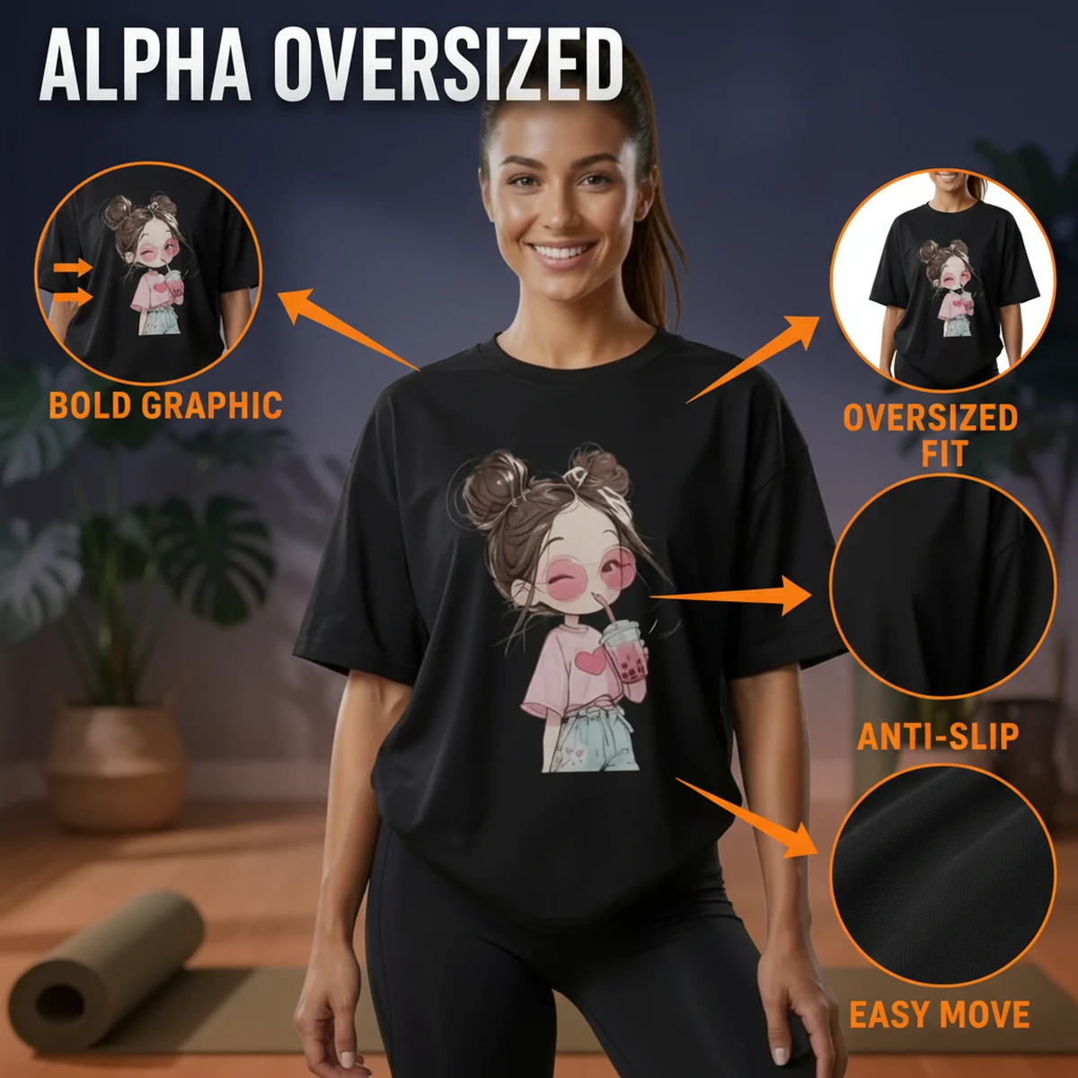 Black Oversized Graphic T-Shirt by AlphagearX BD for yoga, gym & casual wear in Bangladesh.