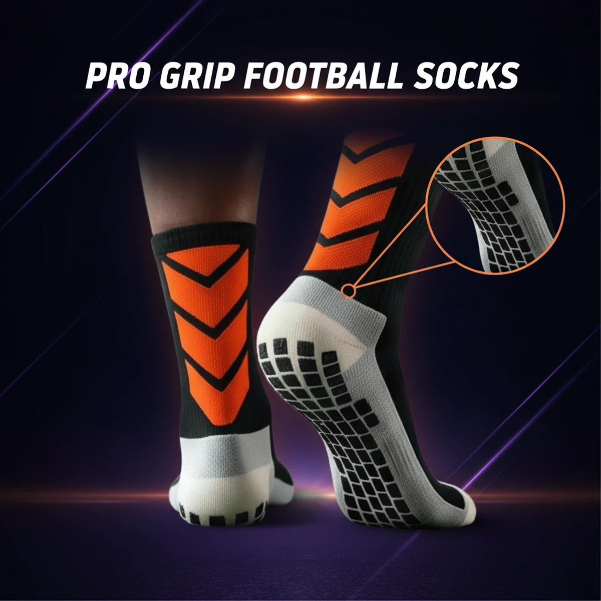 Black and orange anti-slip football grip socks by AlphagearX BD for maximum boot traction and performance in Bangladesh.