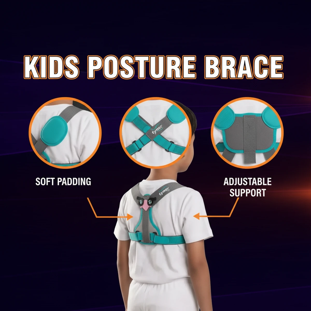 Kids posture corrector and clavicle brace with an adjustable design by AlphagearX BD for upper back support in Bangladesh.