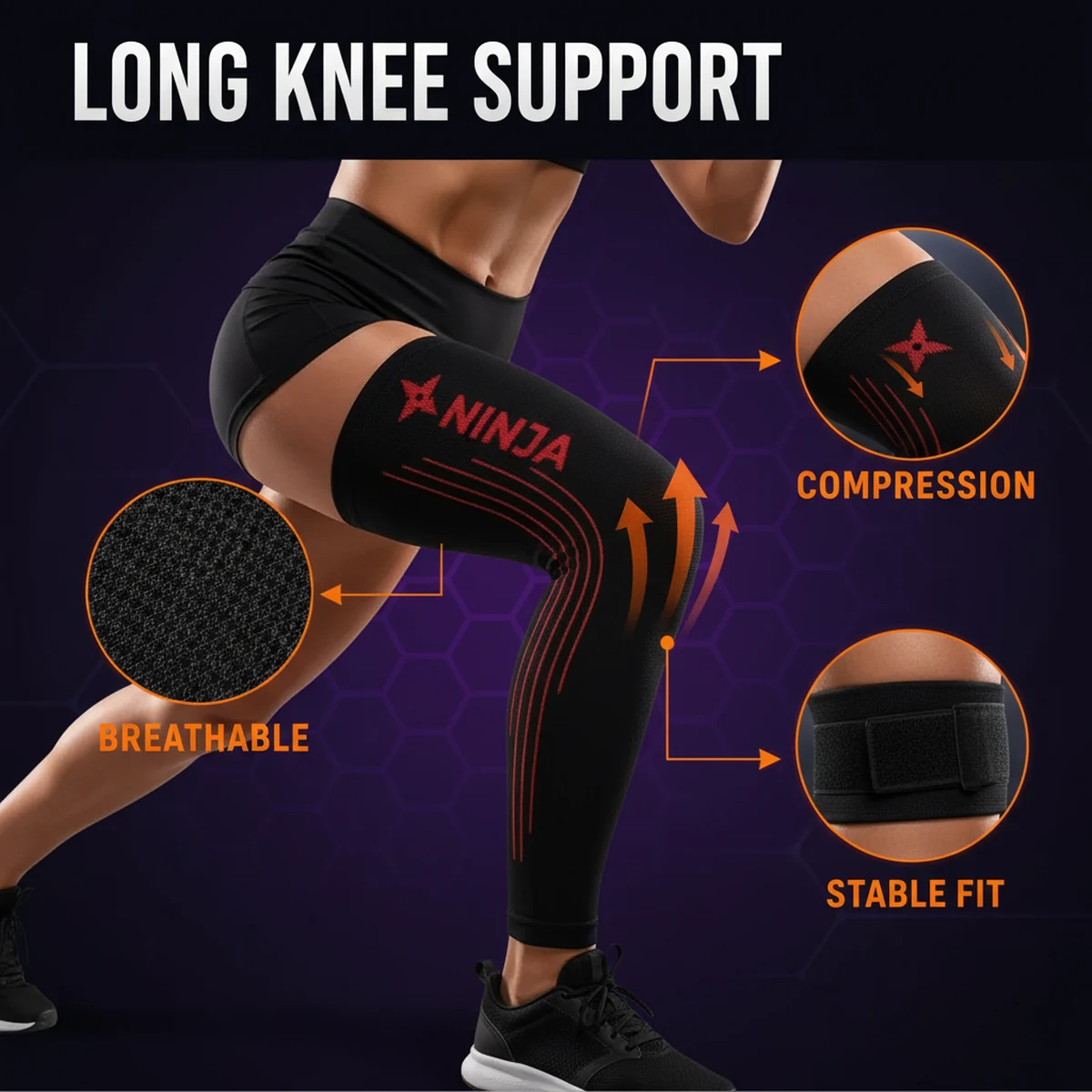 Ninja Long Knee Compression Sleeve in BD by AlphagearX BD for joint stability and knee pain relief in Bangladesh.